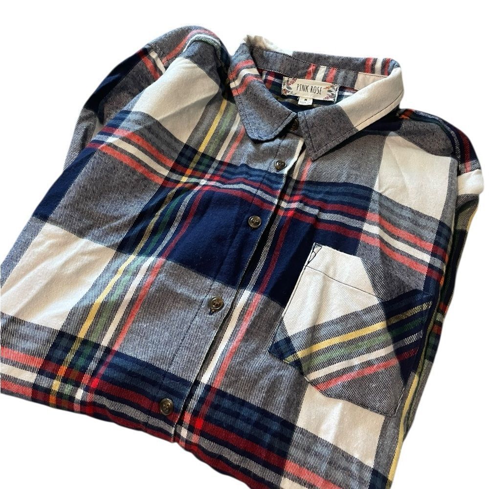 Pink Rose ladies  Navy, White & Red Plaid Button-Down Shirt size medium like new